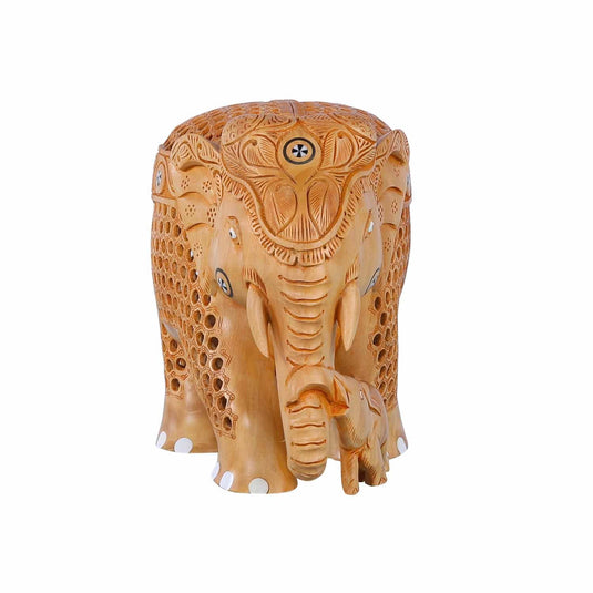 Handcrafted Elephant With A Calf (Under Cut Inlay) | White Wood | 6X4.5X9inch Out Of Stock