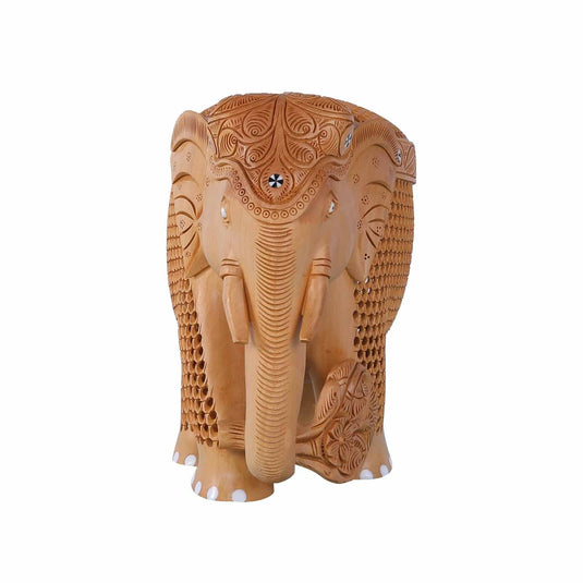 Handcrafted Trunk Down Elephant (Under Cut Inlay) | White Wood | 8X5X10inch