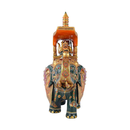 Handcrafted Trunk Up Big Ambari Elephant (Painted) | White Wood | 15X6X11inch Out Of Stock