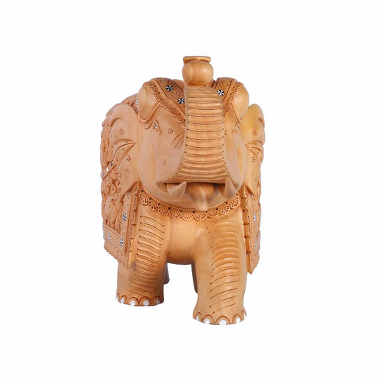 Handcrafted Trunk Up Star Inlay Elephant – Big | White Wood | 10X7X15inch