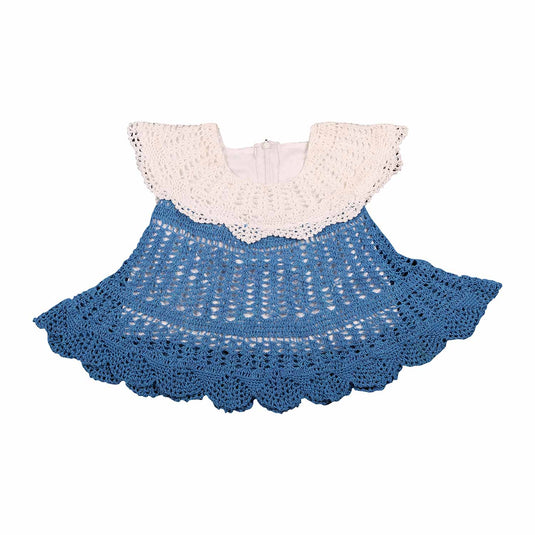 Handmade White & Blue Color Baby Frock | Crochet Lace | 0-1 Year