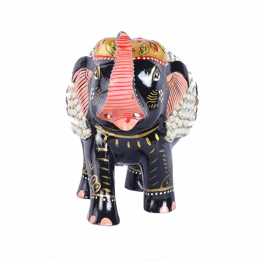 Painted Trunk Up Elephant Statue With Bead Work | Whitewood | 5X4X6inch