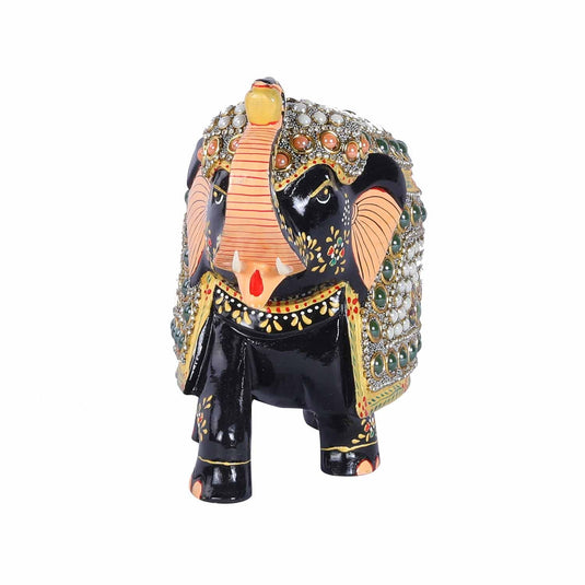 Painted Trunk Up Elephant Statue With Bead Work | Whitewood | 7X4X7inch Out Of Stock