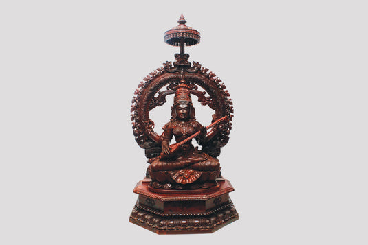 Handcarved Veena Playing Goddess Saraswati Sitting On Lotus Base | Teak Wood | 6×2.5x10inch