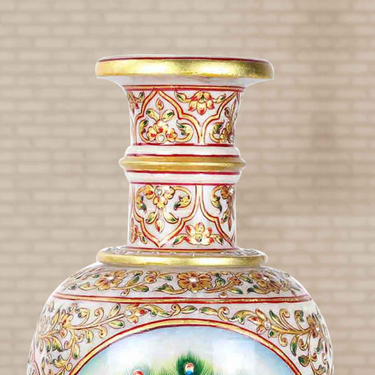 Beautifully Painted Handcrafted Flower Vase With Peacock Design | Marble | 13X6X6inch