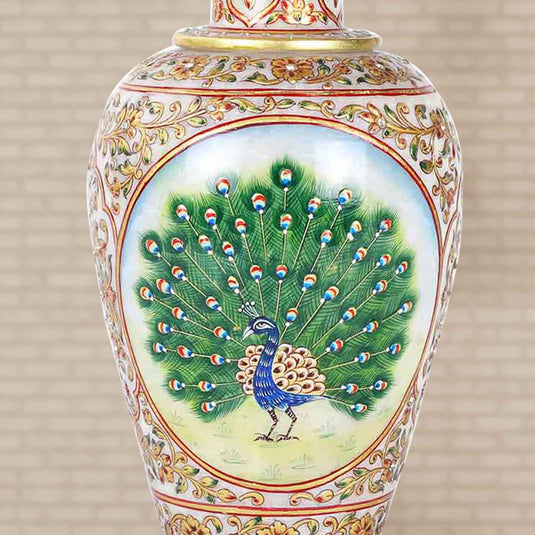 Beautifully Painted Handcrafted Flower Vase With Peacock Design | Marble | 13X6X6inch