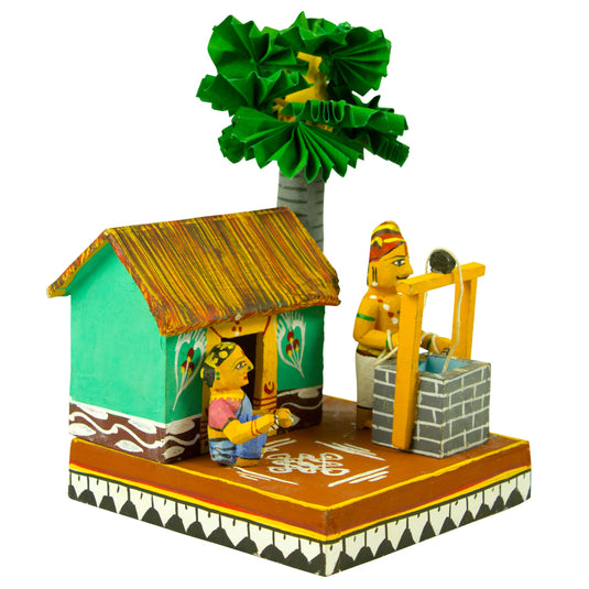 Kondapalli Bommallu Hut With Well | White Poniki Wood | 5-5×5.5×5 Inches