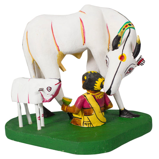 Kondapalli Bommalu Cow, Calf And Lady | White Poniki Wood | 6x4x5 Inches