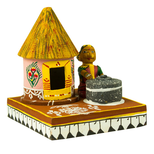 Kondapalli Bommalu Tirugali Set With Hut | White Poniki Wood | 5.5×5.5×4 Inches