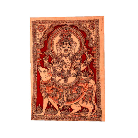 Mushika Ganesh Kalamkari Painting | Colour: Beige & Red | 24×30 Inches