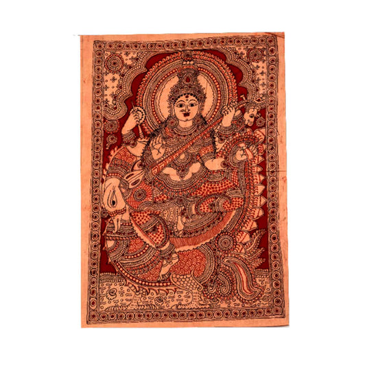 Swan Saraswati Kalamkari Painting | Colour: Beige & Red | 24×30 Inches