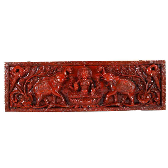 Handcarved Wood Gaja Lakshmi Wall Panel | 37×1.5x12inch