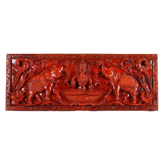 Handcarved Wood Gaja Lakshmi Wall Panel | 31.5×1.5x12inch