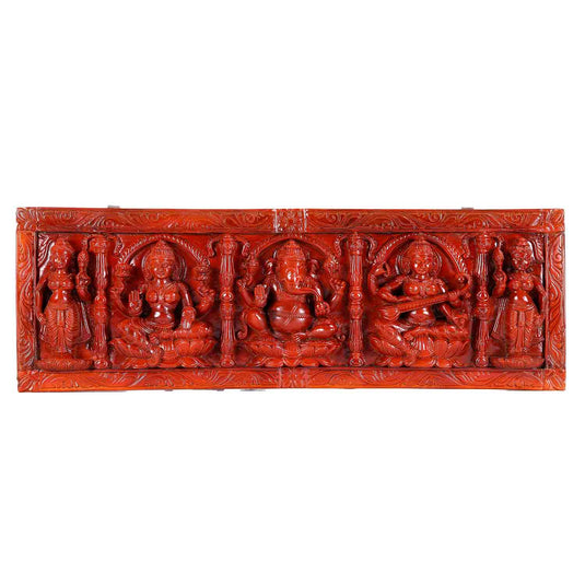 Hand Carved Wooden Wall Panel Of Lakshmi Ganesha And Saraswati | 32×1.5×10.5inch