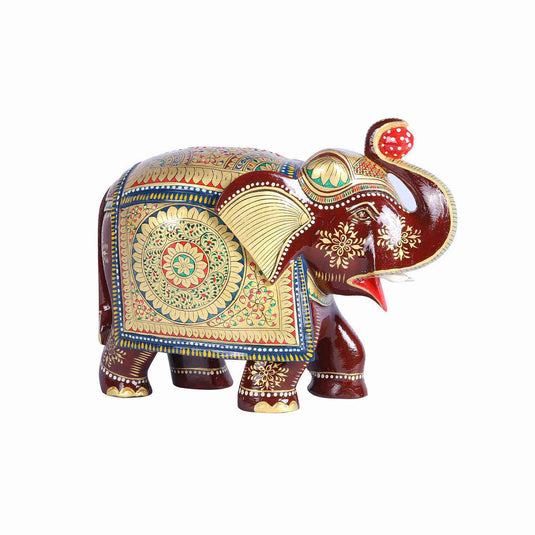 Handcrafted Golden Painted Trunk Up Elephant | White Wood | 8.5X6X10.5inch