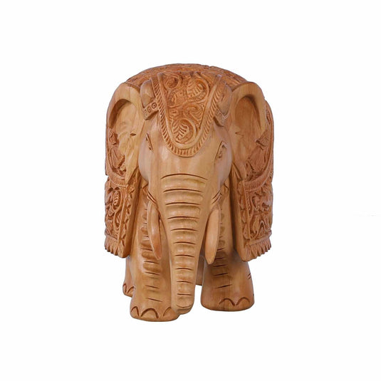 Handcrafted Trunk Down Elephant | White Wood | 6X4.5X8inch