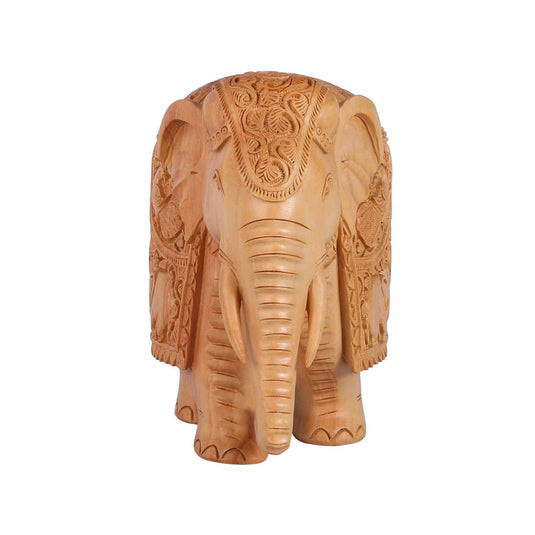 Handcrafted Trunk Down Elephant | White Wood | 8X6X10inch